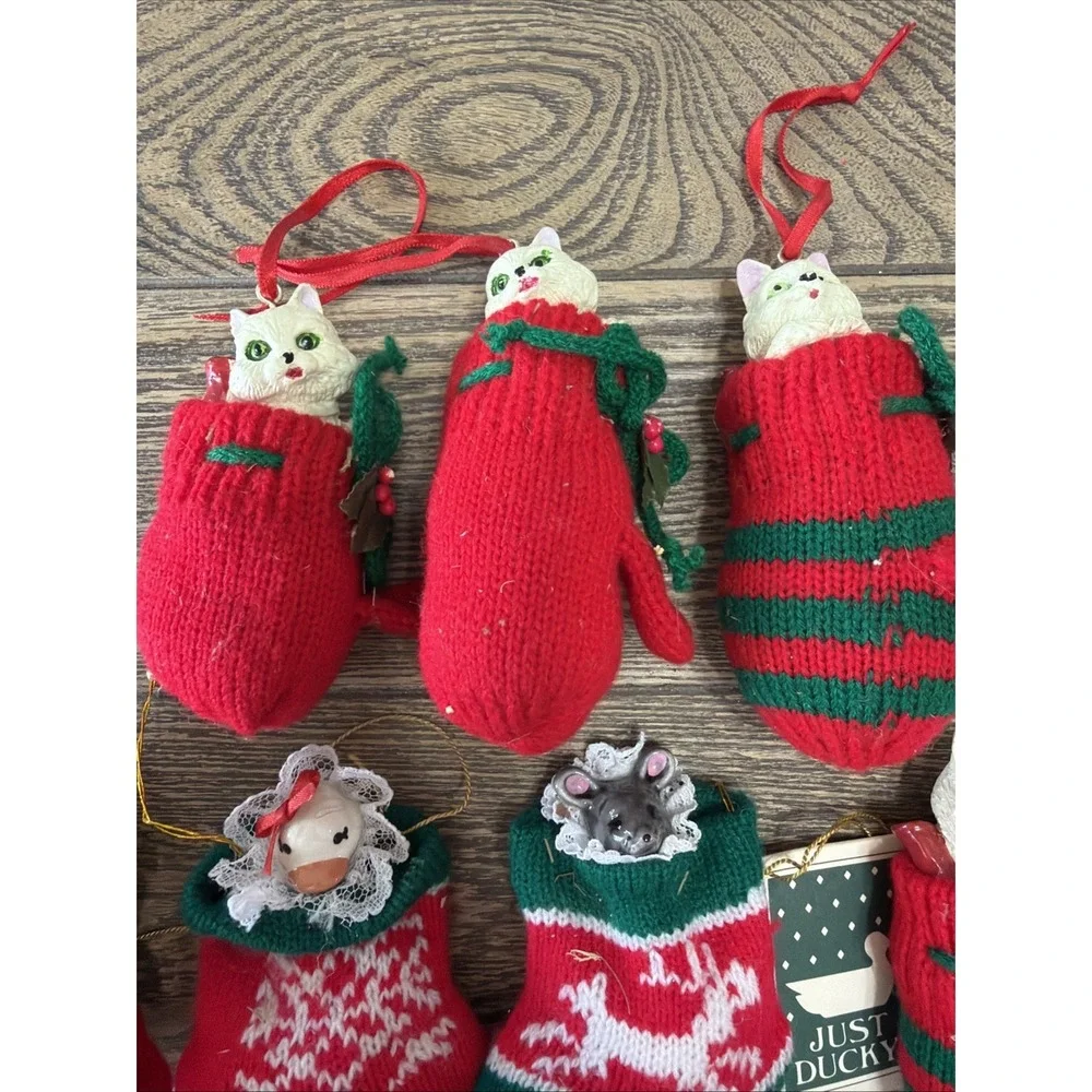 VTG 1988 Just Ducky & Cat‎ Stockings Mittens Christmas Ornaments Nostalgic